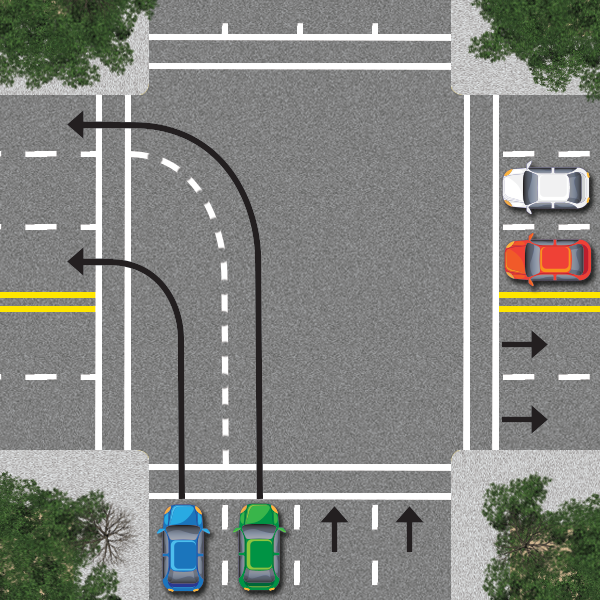 dual left or right turn lanes 