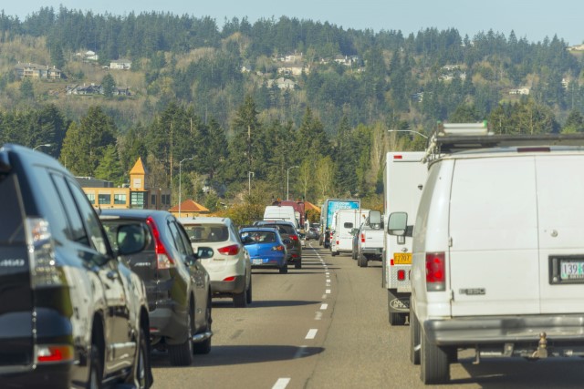 cars in bumper to bumper traffic on interstate 205 in Portland Oregon